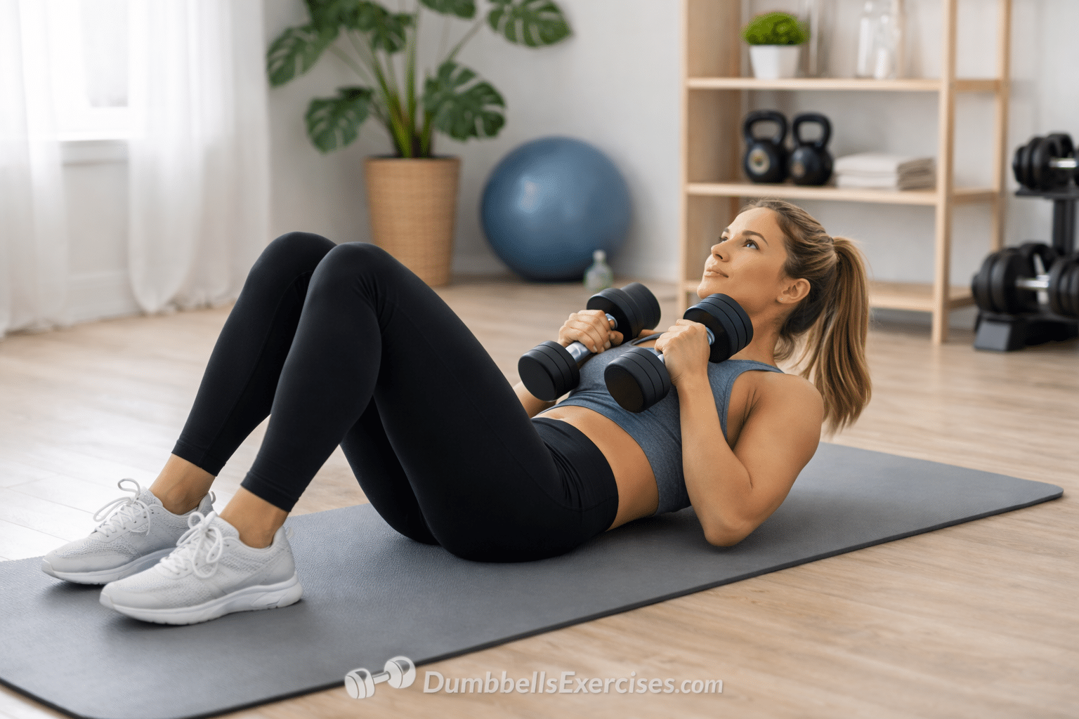 Weighted crunch - dumbbells -female model - CGPT
